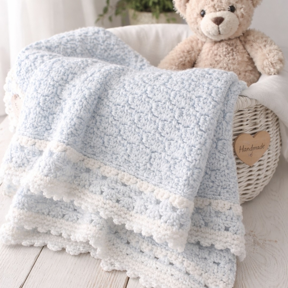 Handmade Blue and White Crochet Baby Blanket